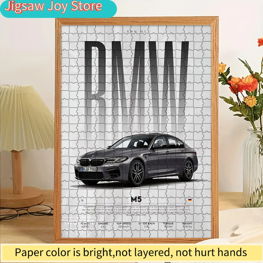 

Paper Jigsaw Puzzle Grey BMW M5 Spec Sheet Art Print Wall Decor Modern German Luxury High-Performance Sedan Technical Illustrati