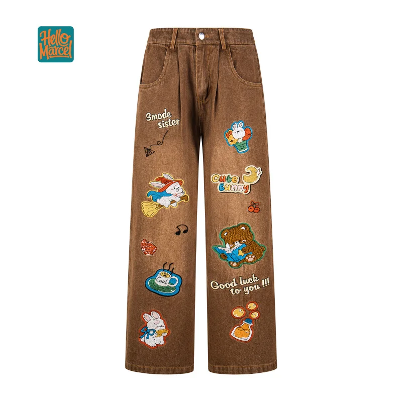 HELLOMARCEL EU US Size Luxury Quality Street Wear Pants Retro Rabbit Bear Patch Embroidered Wide-Leg Jeans For Men And Women