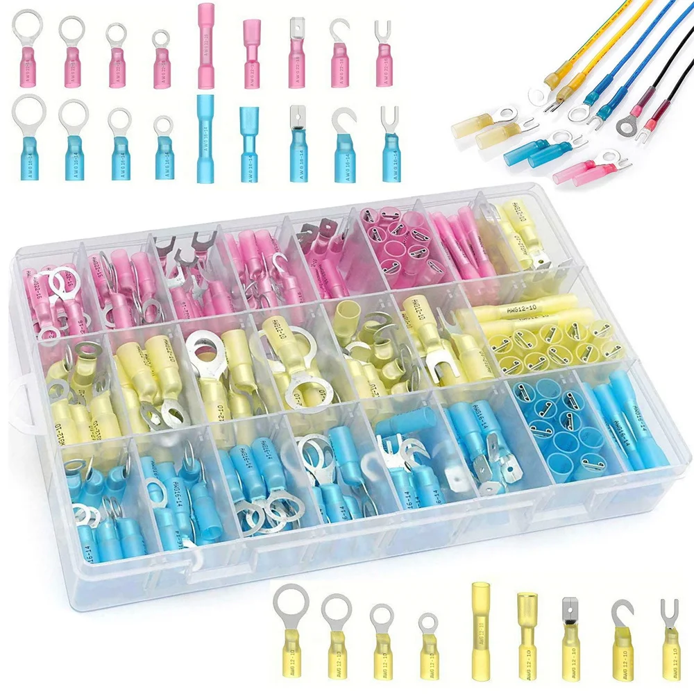 270pcs Heat Shrink Wire Connectors Waterproof Automotive Electrical Crimp Terminals with Butt Fork Hook Ring Spade Butt Splices