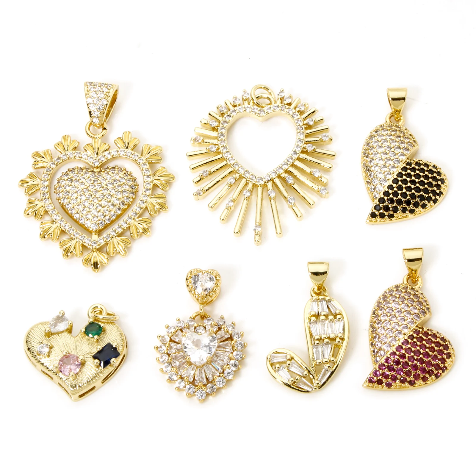 1pc New Sweet Brass Charms Gold Color Valentine's Day Heart Micro Pave Clear Cubic Zirconia Pendant DIY Necklace Women Jewelry
