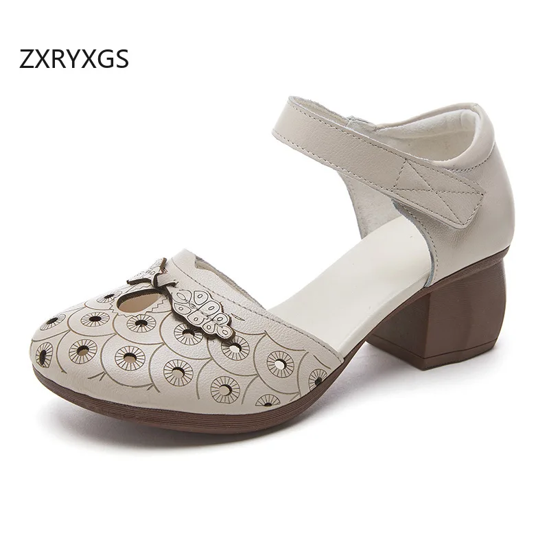 ZXRYXGS Classic Printing Side Air Round Toe Sandals Genuine Leather Shoes 2025 Summer Thick Mid Heel Women Sandals Banquet Shoes