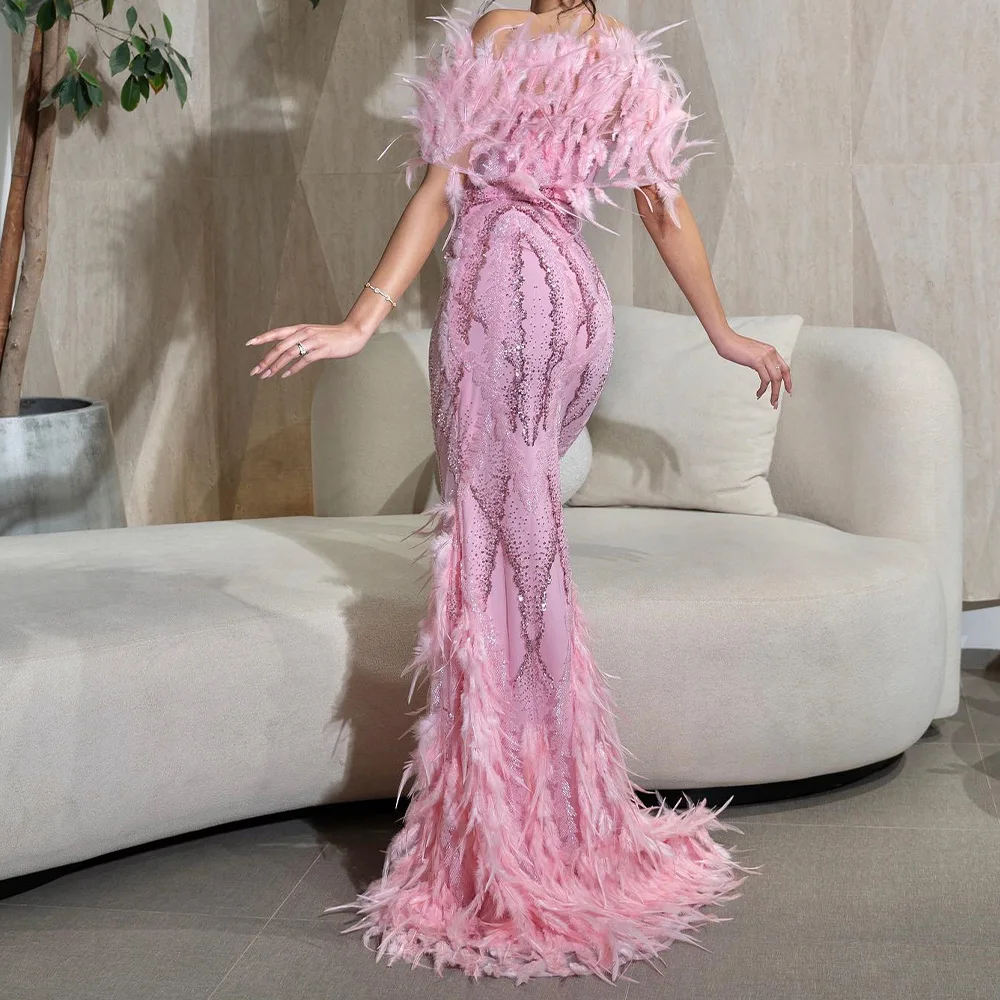 Temperament Feathers Boat Neck Floor Length Straight Side Slit Evening Dress Chiffon Off the Shoulder Vestidos de fiesta