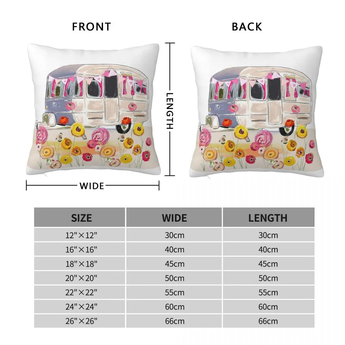Vintage Summer Caravan Trailer Square Pillowcase Polyester Linen Velvet Pattern Zip Decorative Sofa Cushion Case
