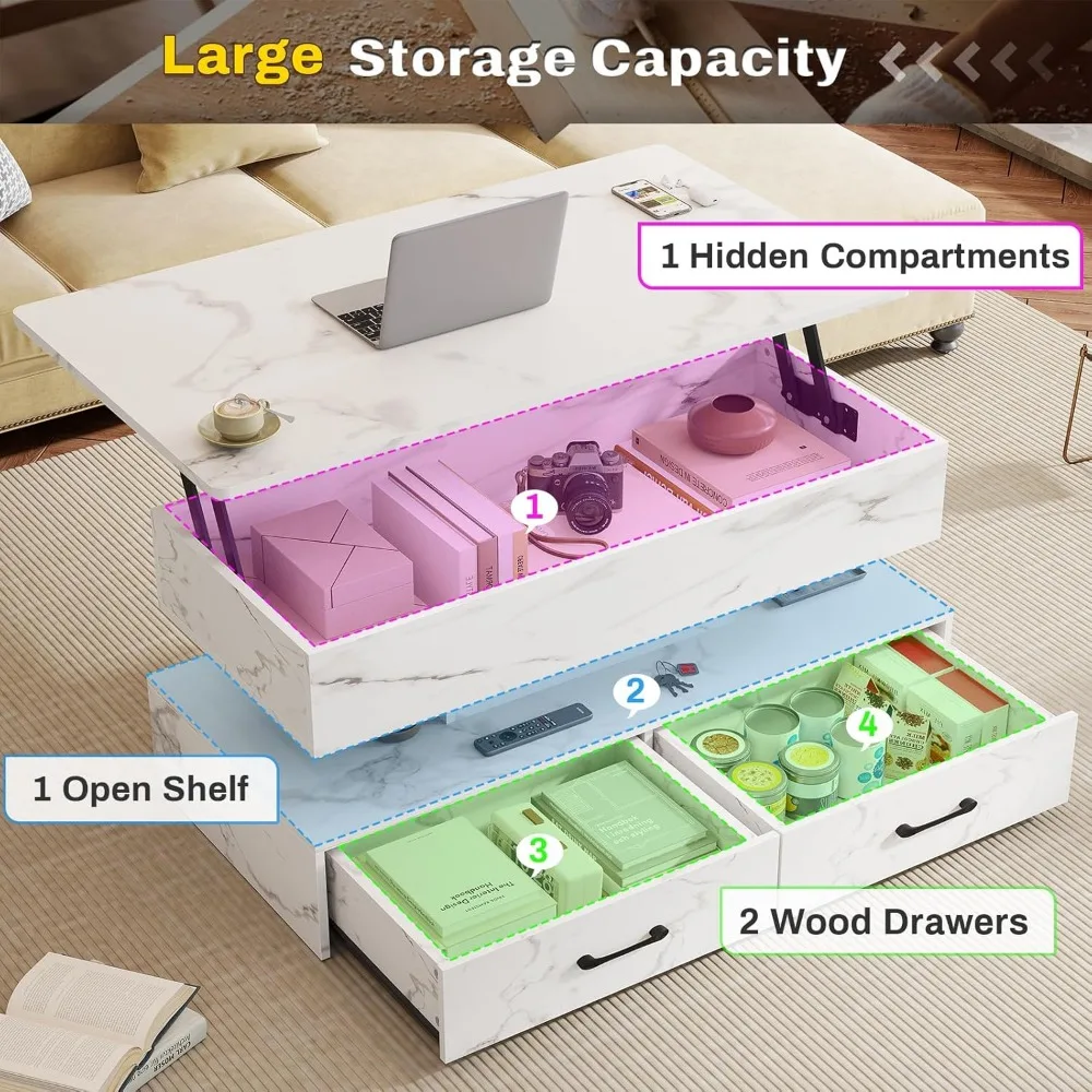 LED Lighted Storage Coffee Table with 2 Drawers for Living Room, Small Lift Top Design