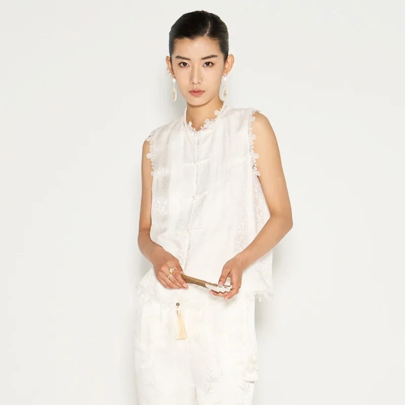 Birdtree,16MM 35%  Silk Embroidery Waistcoats,Women's Jacquard Satin Tank Tops,Chinese-style Vest,2025 New T5D915JF