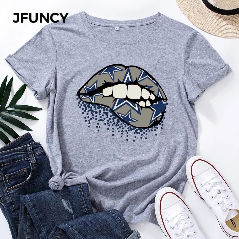 

JFUNCY 5XL Women Cotton T Shirt Lips Graphic Print Loose Tees Short Sleeve Woman Casual T-shirt Summer Female Tops