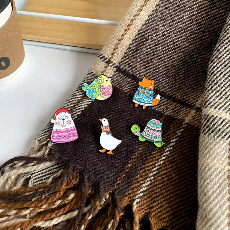 Winter Warming Animals Enamel Pins Fox Duck Bird Turtle With Sweater Brooches Lapel Badges  Bag Christmas Jewelry Gift Wholesale