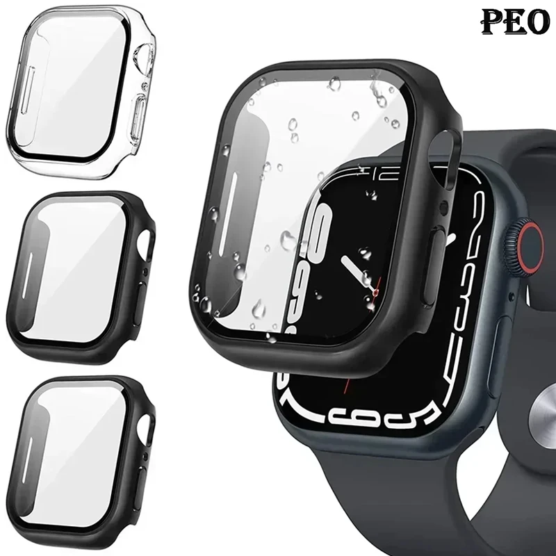 Tempered Glass+Case For Apple Watch Accessories 45mm 41mm 41 mm 45 mm Screen Protector iwatch series 9 Full Coverage Hard Cover