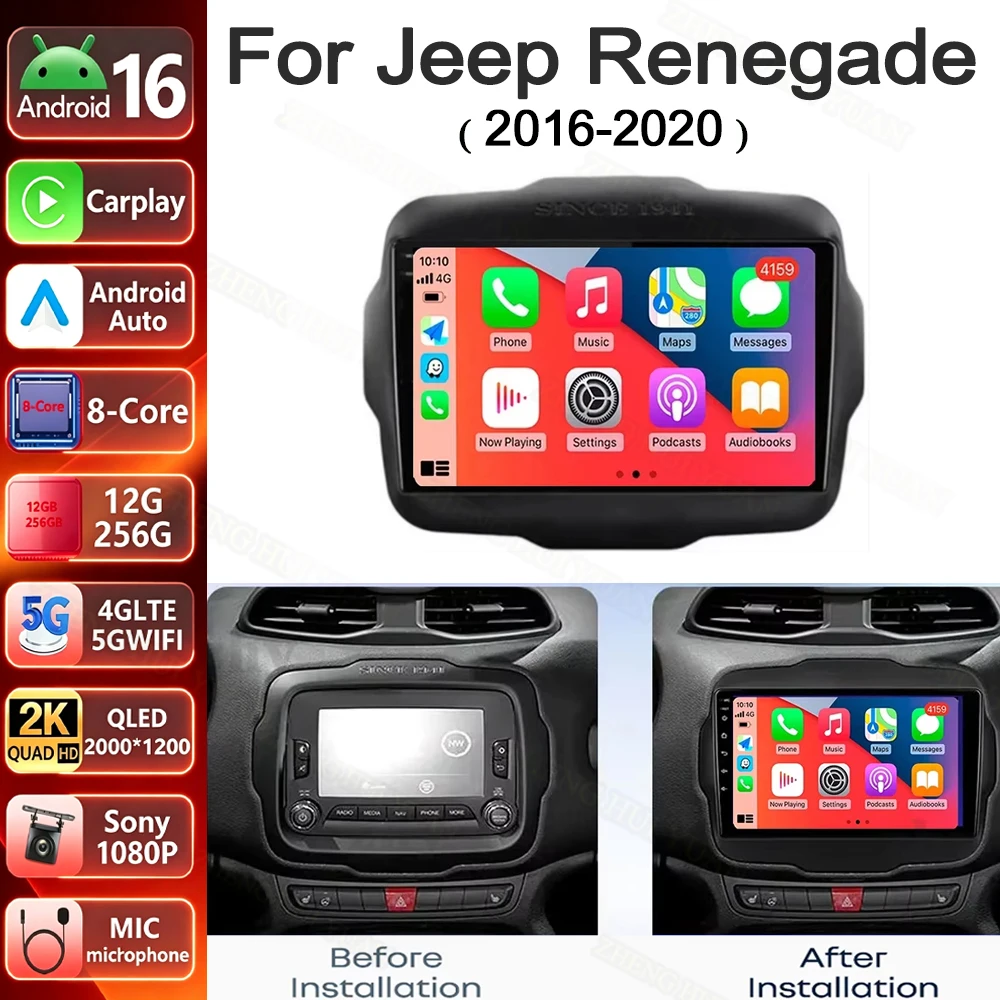Android 16 Multimedia Player for Jeep Renegade 2016-2020 CarPlay Android Auto Car Radio Stereo 4G Wifi 360 Camera Head Unit DVD