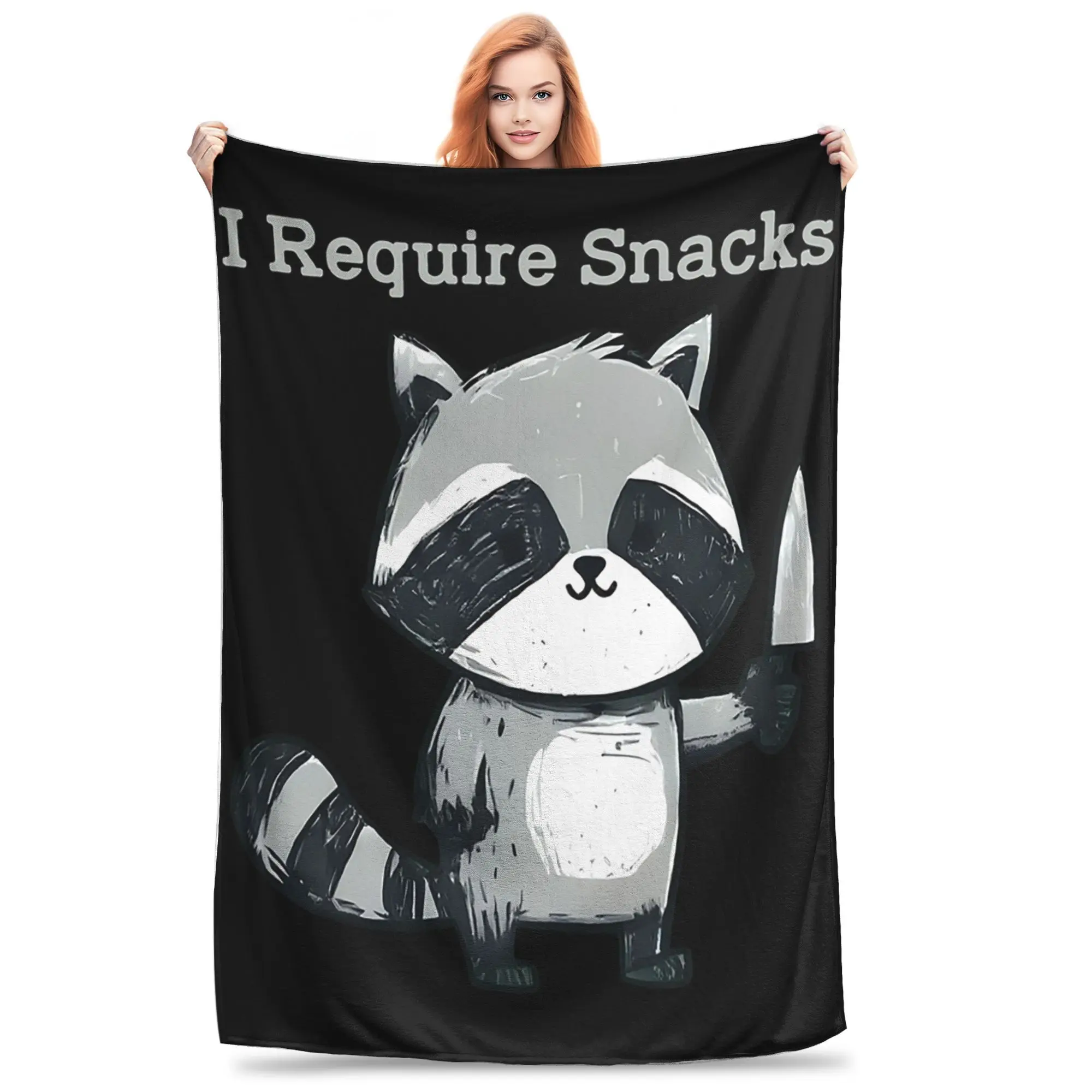 

I Require Snacks Embroidered Raccoon Blankets Flannel Sofa Throw Blanket for Couch Bedding Outdoor Throws Bedspread Quilt