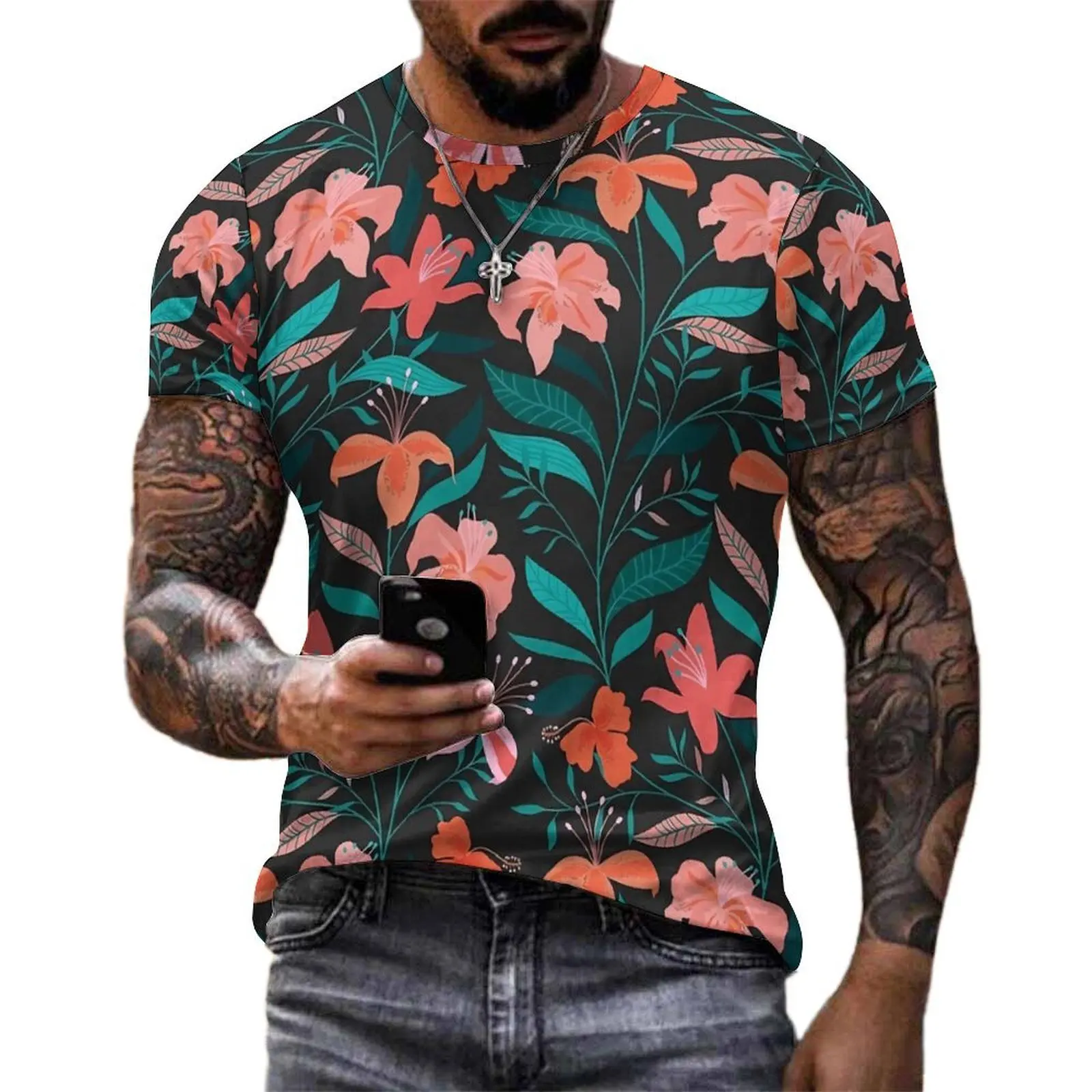 Couple Tropical Floral Print T-Shirt Flame Flowers Trending T Shirts Short Sleeve Design Tshirt Cheap Beach Plus Size Top Tees
