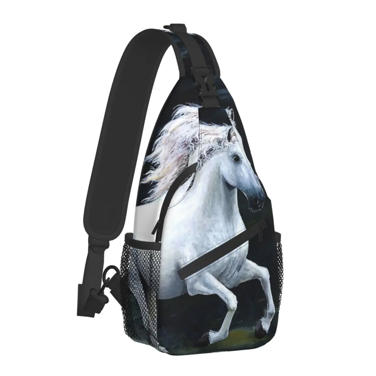 Paintings White Horse Artistic Crossbody Chest Bags Galloping Horse Run Pockets Travel Pack Messenger Sports Teens Shoulder Bag