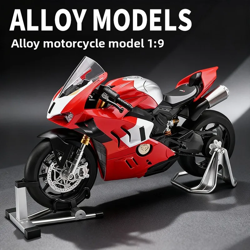 1:9 v4r tubo de escape duplo corrida motocicleta liga diecast modelo carro som e luz ornamentos decoração coleção