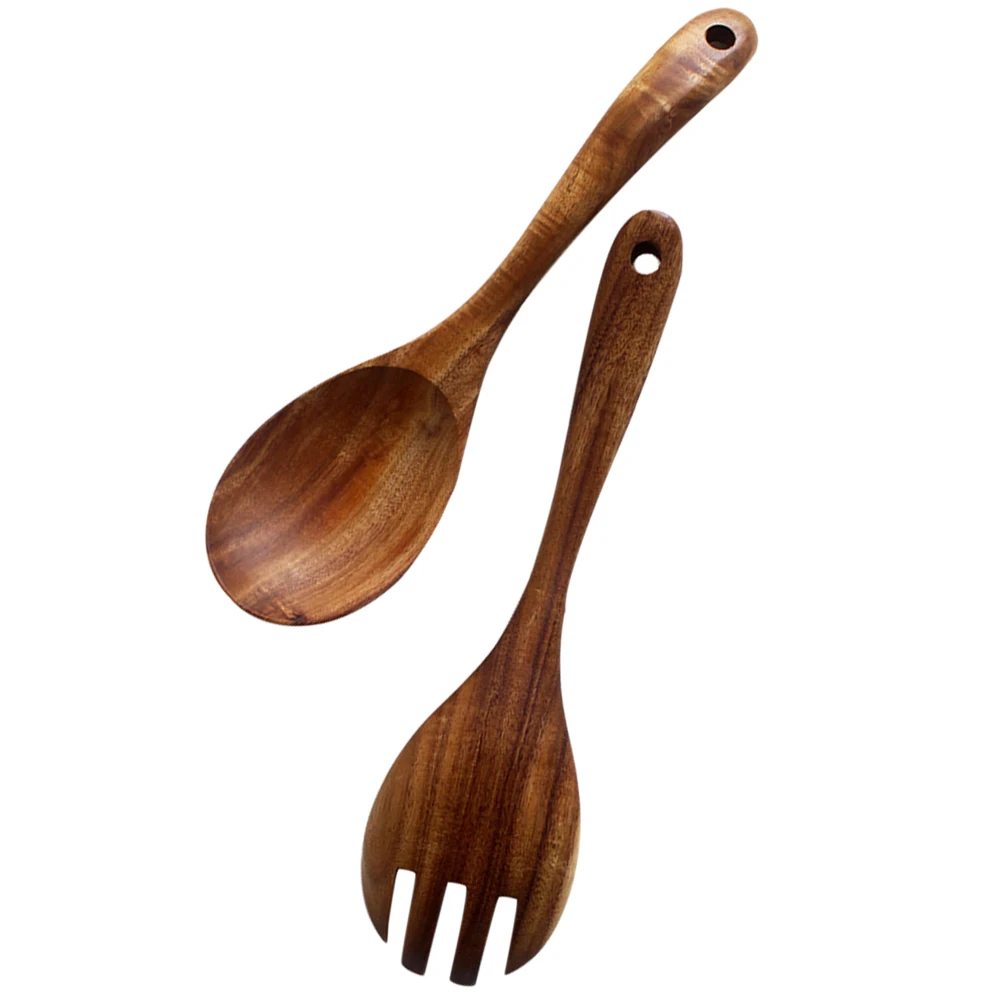 

2 PCS Teak Wood Rice Spoon Shovel Ladle Fork Set Heat Resistant Eco Friendly Kitchen Utensils Non for Holidays