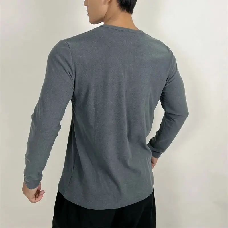 Spring and autumn new cashmere men's long sleeve T-shirt casual shirt button round fashion solid color T-shirt sports men's wear