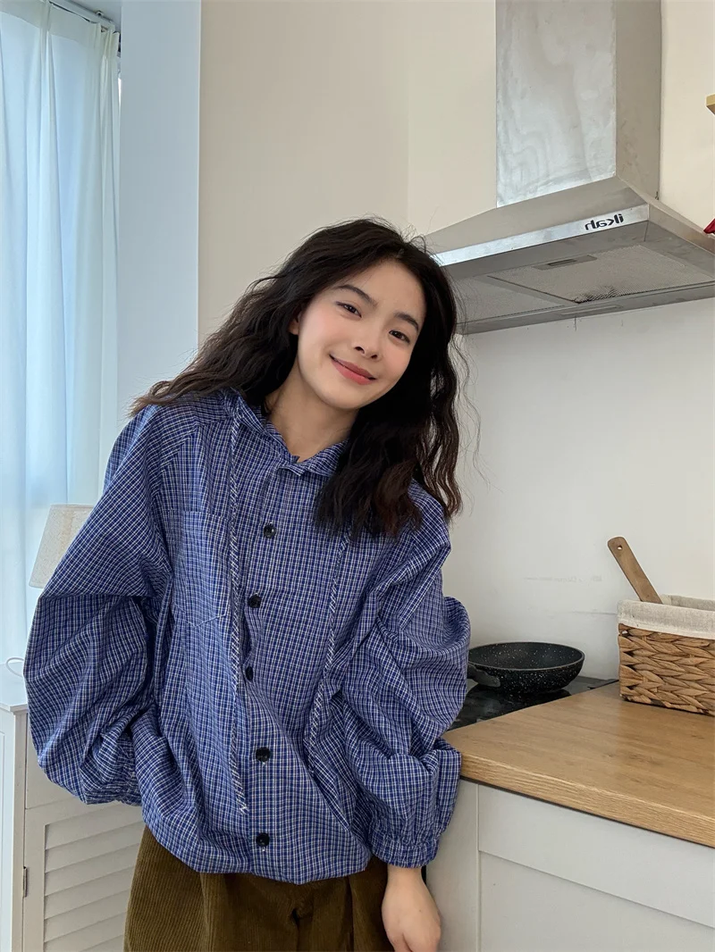 Bleu Plaid à capuche Protection solaire irt Jaet femmes été décontracté ample Long Sve haut PPHOME coton Polyester mélange