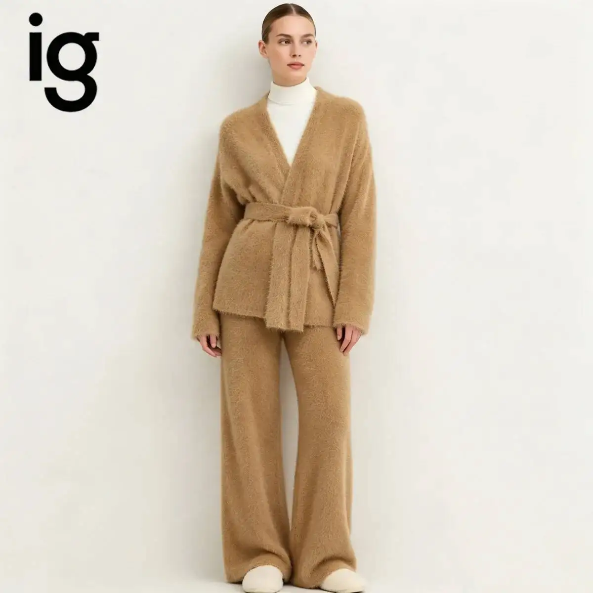 IG Women 2 Piece Loungewear Set Camel Fuzzy Mink Knit Wrap V Neck Belted Cardigan Wide Leg Pants Soft Fluffy Sweater