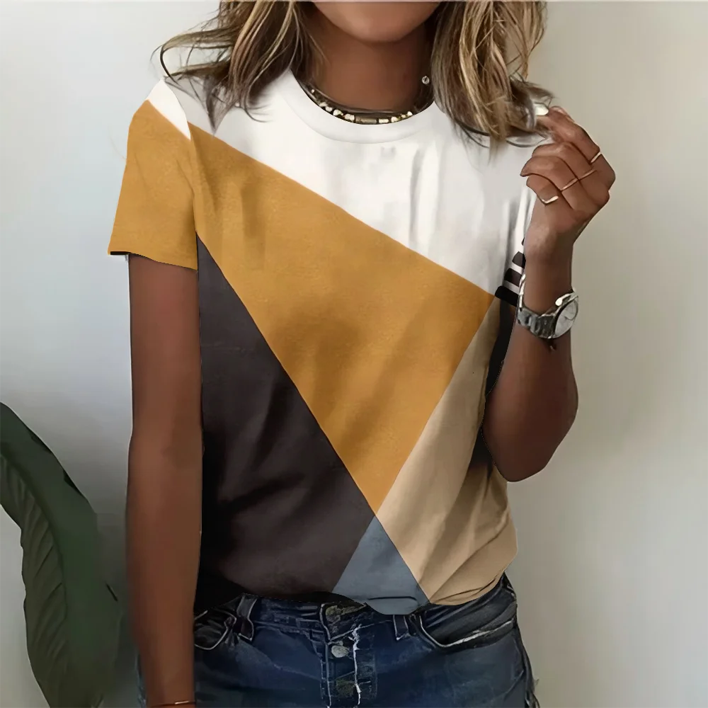 

White Yellow Black And Gray Geometric Patch Women's T-shirt Casual Fashionable And Comfortable Summer Round Neck Short Sleeve