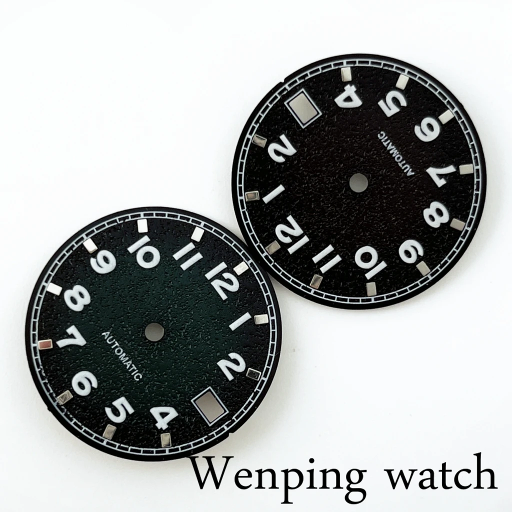 New 29mm Sterile Green Luminous Gradient Grain Texture Watch Dial Fit NH35 Automatic Movement With Calendar Window