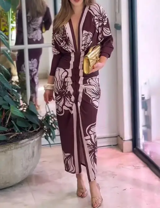 Women Dresses Temperament Commuting Floral Print Batwing Sleeve Plunge V Neck Maxi Dress Female Elegant Ruched Slit Dresses