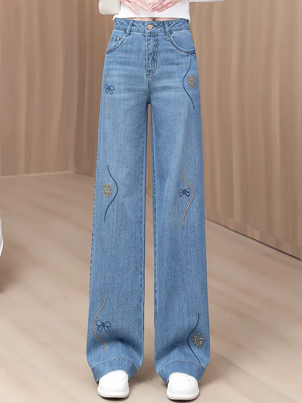 

Faionable High Waist Wide Leg Denim Jeans Women's Embroidered Straight Cut Loose Slimming Long Trousers Spring Summer