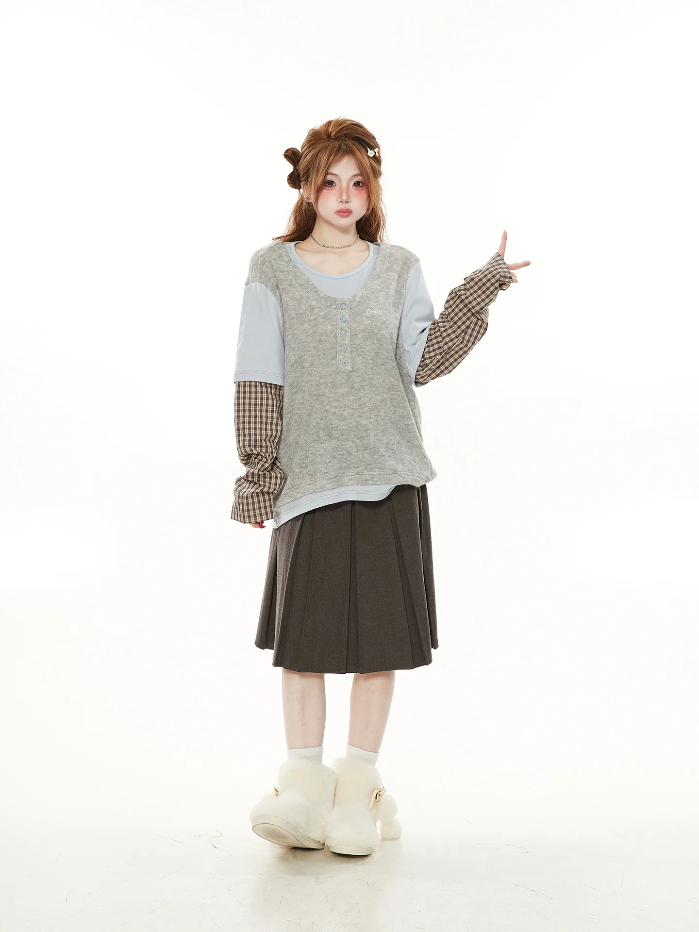 

Американский клетчатый вязаный свитшот с длинными рукавами и круглым вырезом для женщин, весенне-осенний, повседневный, свободного кроя, с лоскутным дизайном