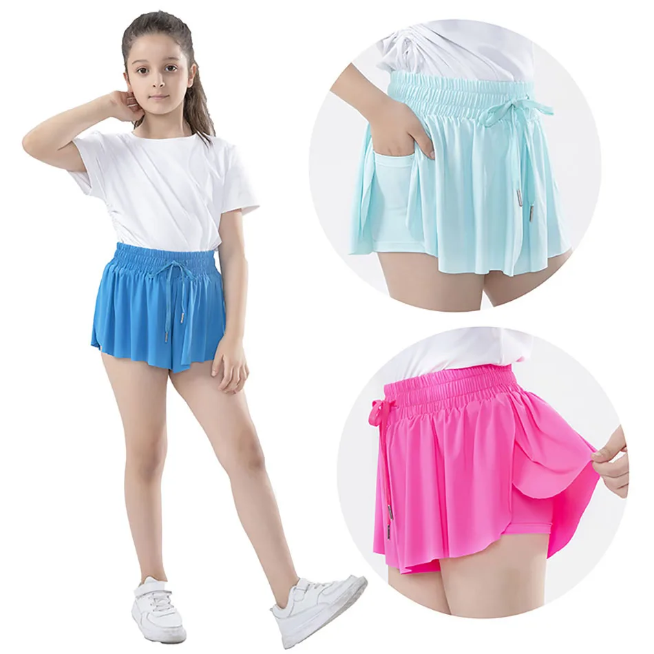 2024 Teen Girls Sport Shorts Solid Color Kids Tennis Pants Children Casual Running Trousers with Pocket Girl Skirt Clothes