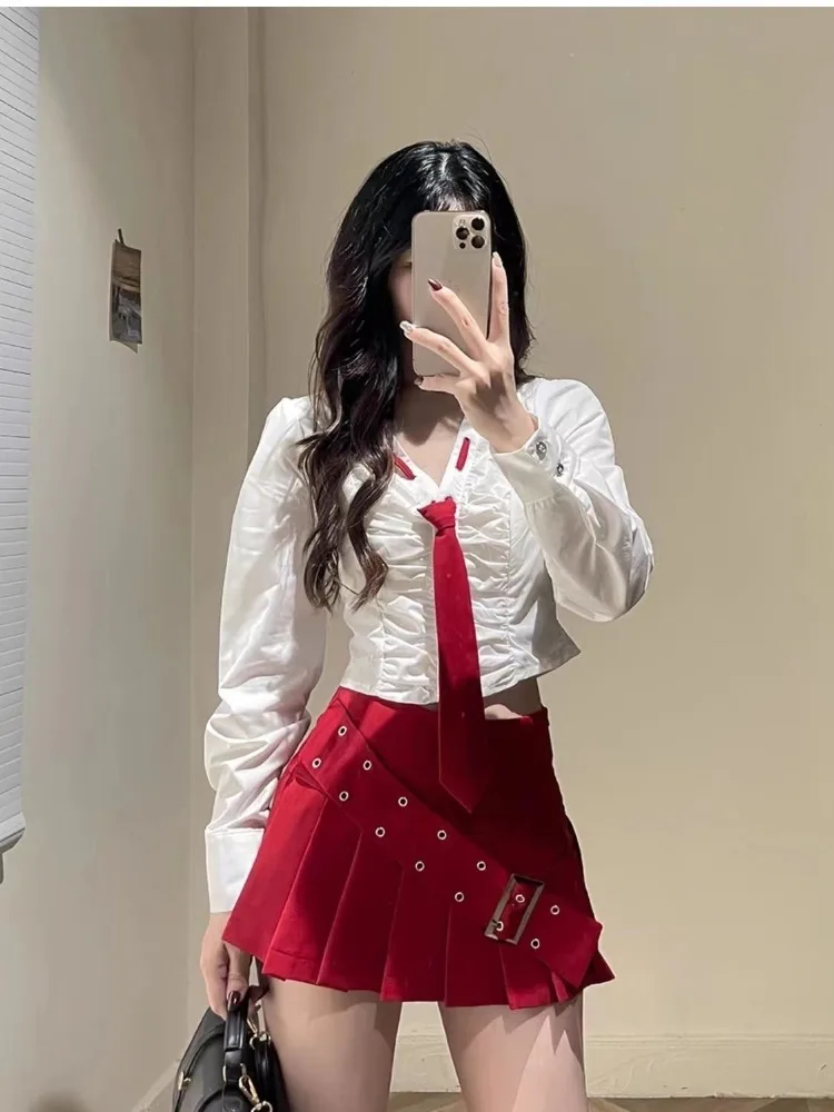 Fashion All-match Slim Fit Long Sleeve White Shirts Women+ Y2k High Waist Ruched Skirts Early Autumn New Two Piece Sets