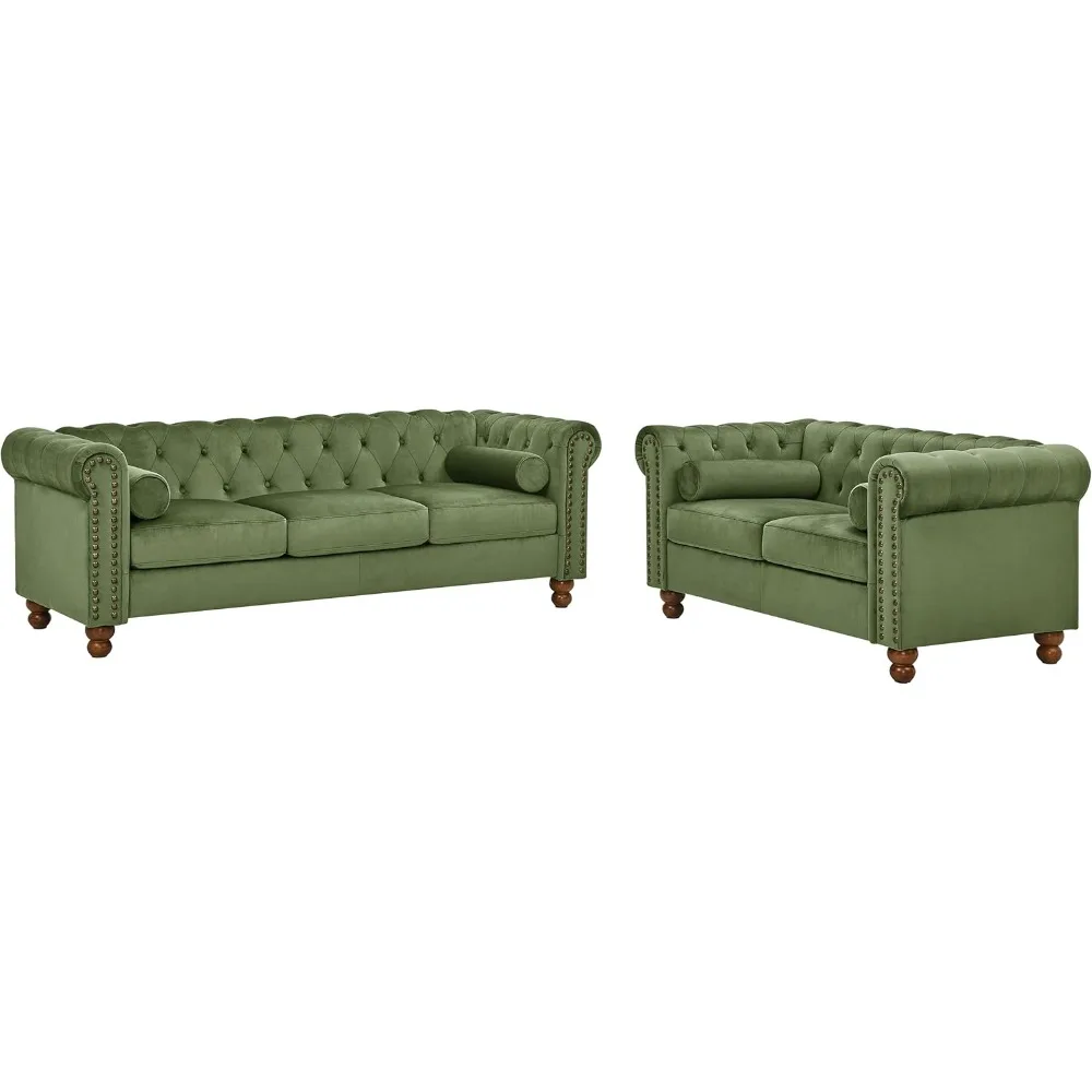 Velvet Upholstered Sofa Couch Set of 2, 2-Piece Living Room Set, Including Rolled Arm 3-Seater Sofa and Loveseat