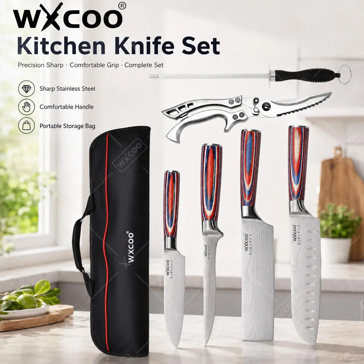 WXCOO Damascus Utility Knife Laser Butcher Chef Meat Cleaver Slicing Knife Vegetable Fruits Wooden Handle Scissors Knife Bag