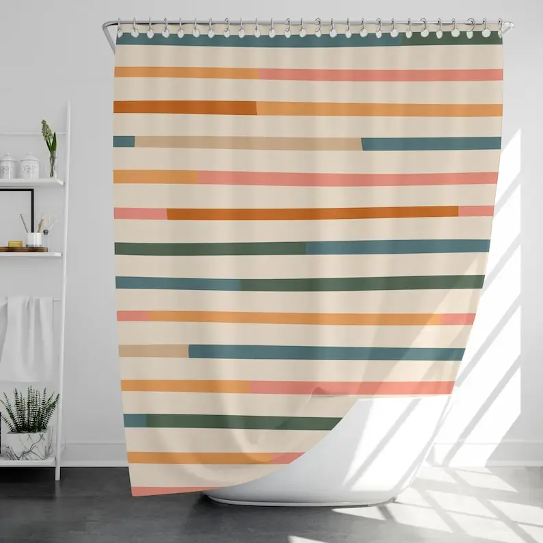 Warm Line Art Shower Curtain with 12 Hooks Waterproof, Modern Bathroom Decor, Housewarming Gift