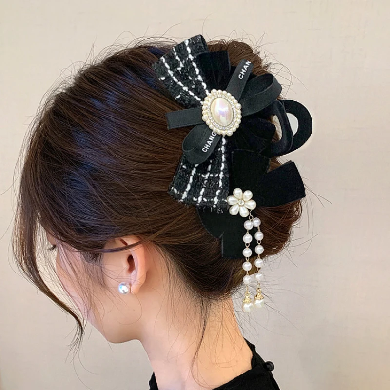 Korean Fashion New Arrival Velvet Hair Clip with Plaid Bow and Pearl Women\'s Black Jewelry Accessories Kawai Hairbows for Girls