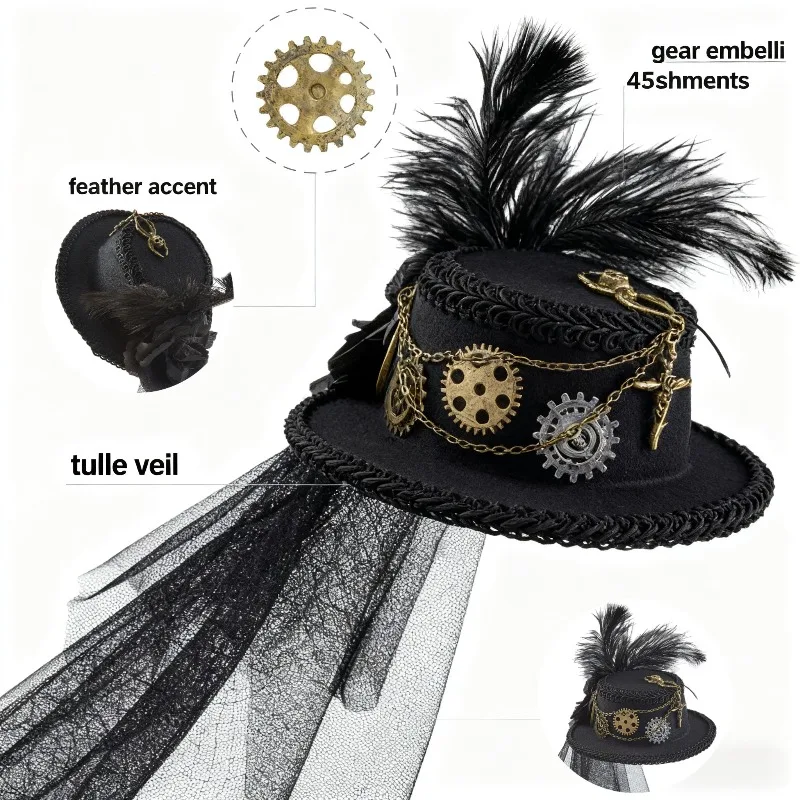 

Steampunk Mini Top Hat with Black Veil Feather and Gear Decorations Vintage Gothic Style for Cosplay and Party Accessory