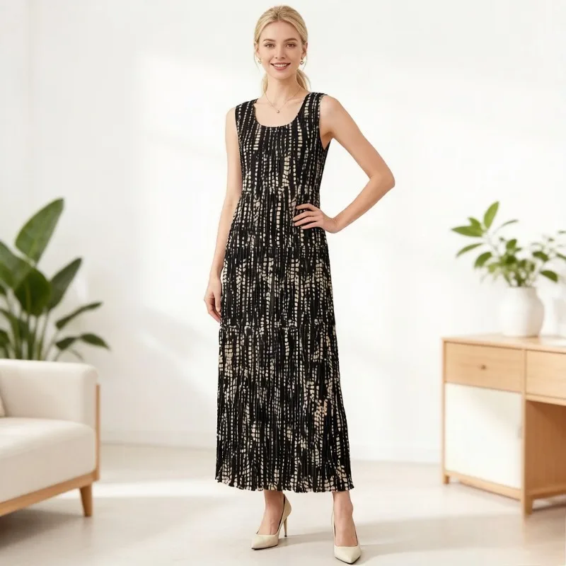 

Miyake Pleated Summer New Arrival Light Luxury Style Colour-Block Sleeveless Dress Fashionable A-Line Full-Skirted Maxi Dress