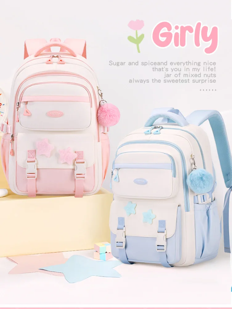 Kawaii Pastel Color Block School Backpack for Teen Girls Large Capacity Multi Compartment Student Rucksack with Pendant Gift
