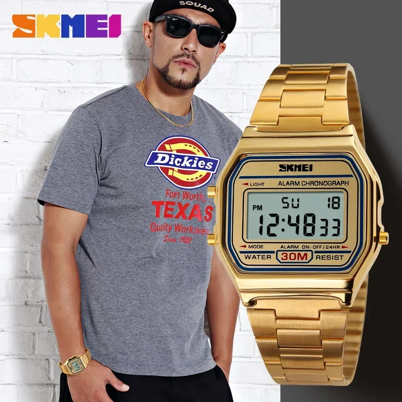 SKMEI 1123 Luxury Digital Watch for Men Retro Stainless Steel Electron Sports Waterproof Wristwatches Clock 1328 Reloj Hombre