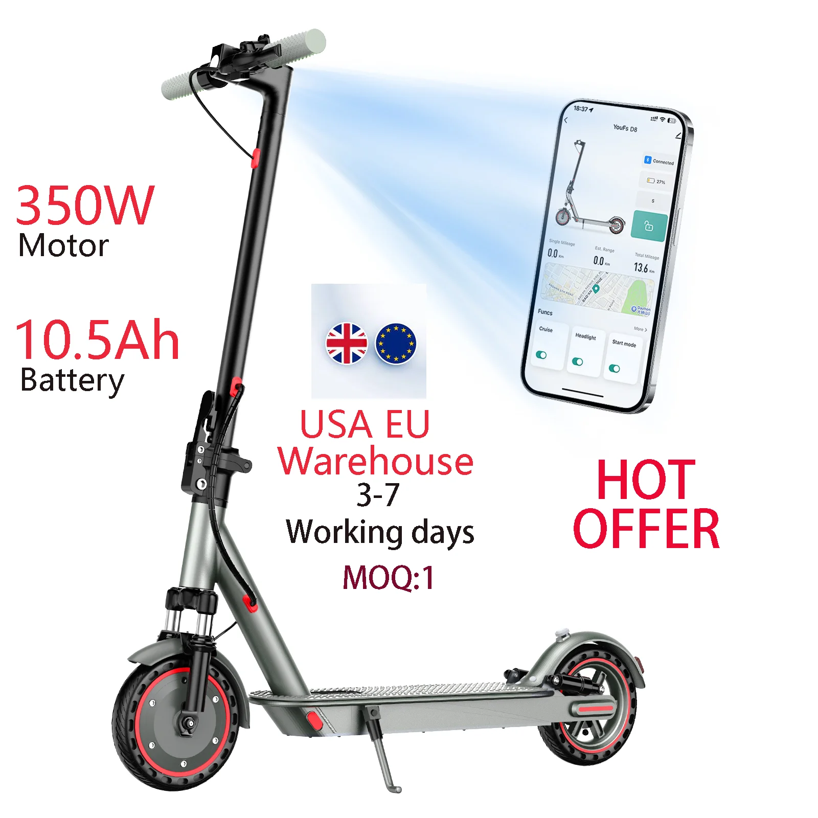 

Hot Sale Electric Scooter D8 Pro 36V 10.5Ah Escooter with 350W Dual Suspension Honeycomb Tire for Adult Foldable Easy to Carry