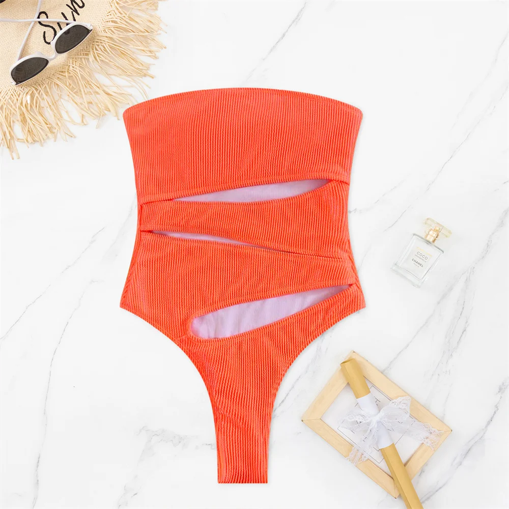 Sexy Hollow Out Bikini Strapless Bandeau Badpak Vrouwen Backless Vakantie Badmode Geribbelde Monokini Y2K Strand Outfit Badpakken