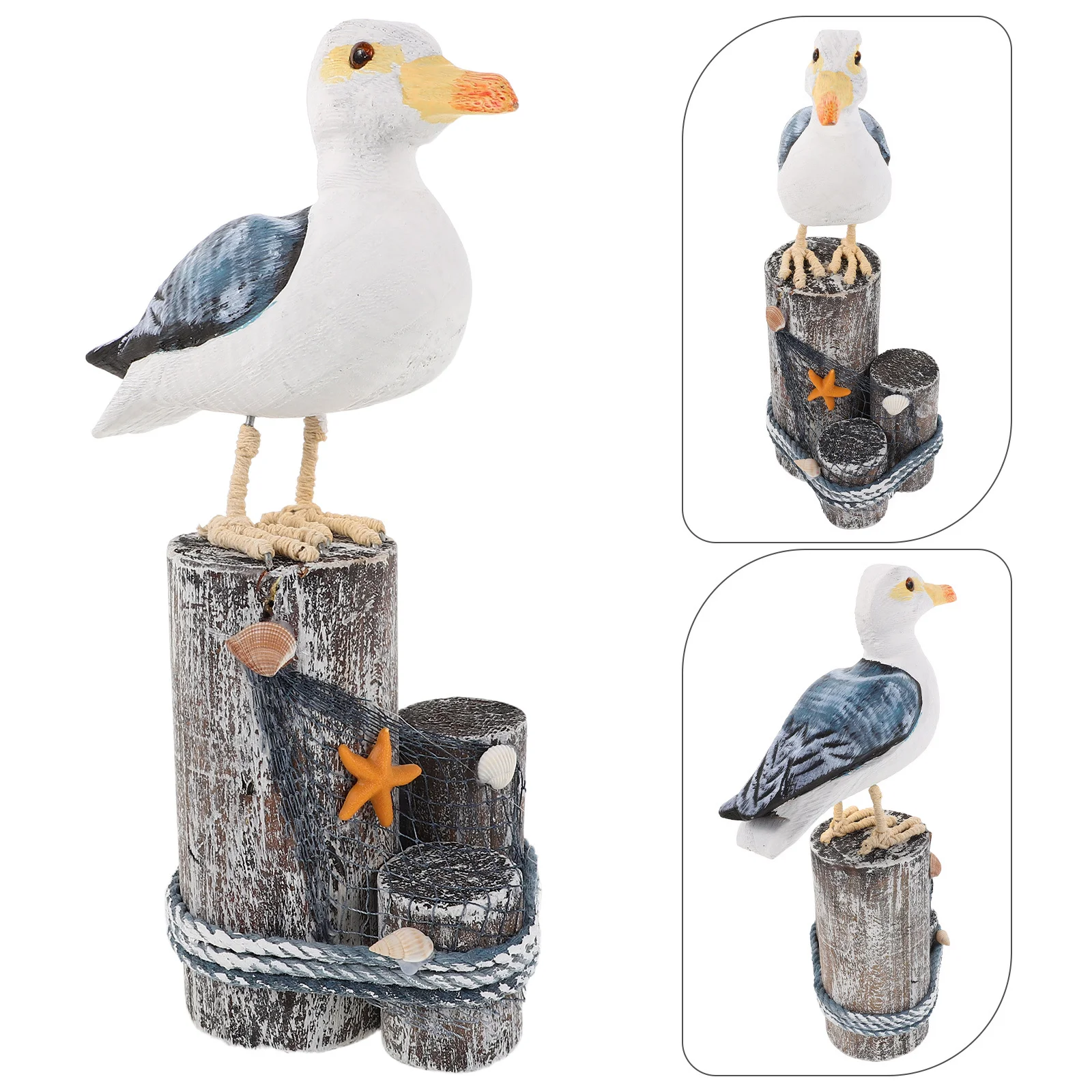 

Wooden Seabird Sculpture Mediterranean Style Hand Carved Solid Wood Coastal Table Decor Ocean Beach Room Nautical Themed