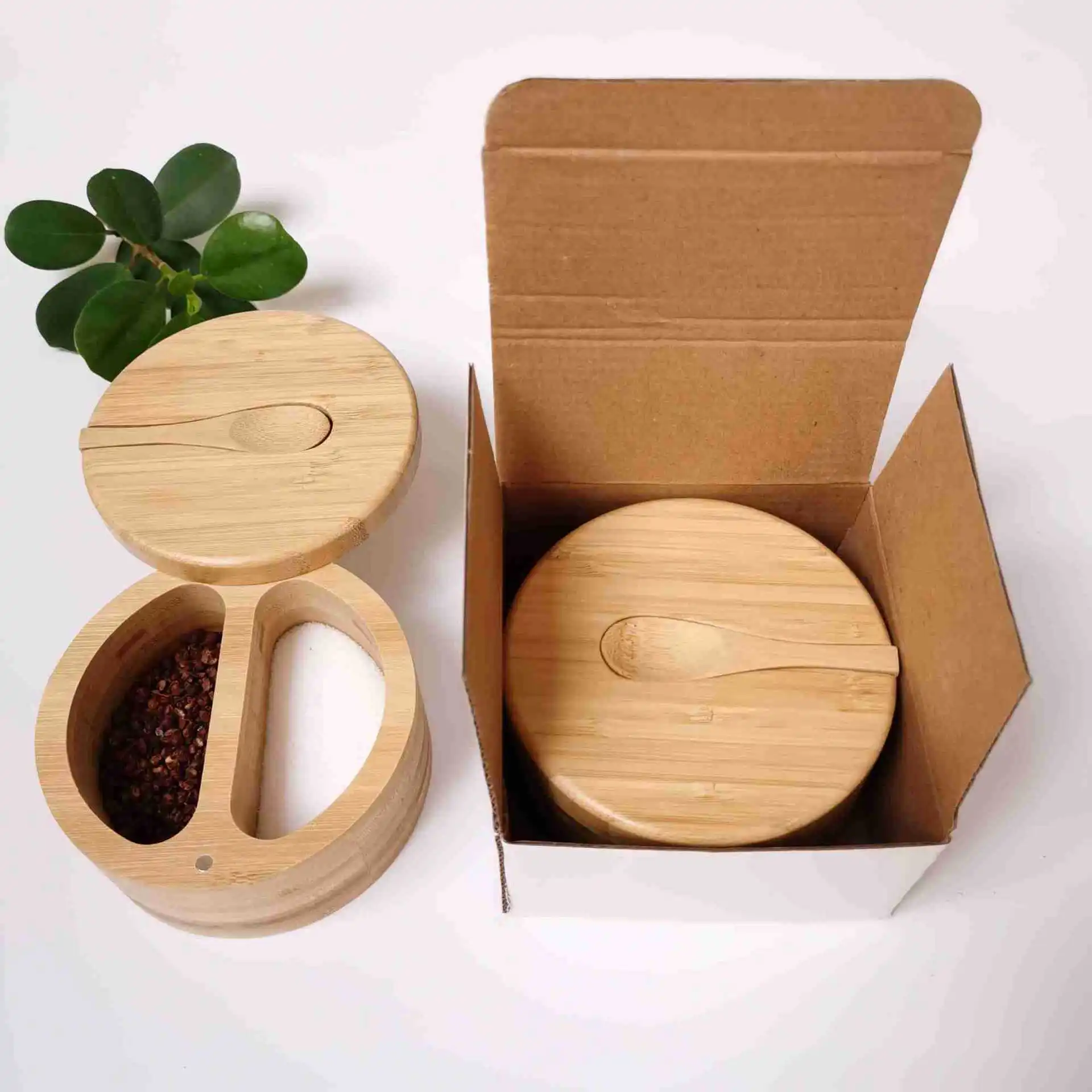 Large Salt Spice Box with Swivel Lid Bamboo Salt Cellar with Lid and Spoon, 3-Compartment Salt Pepper Bowls for Salt & Spices