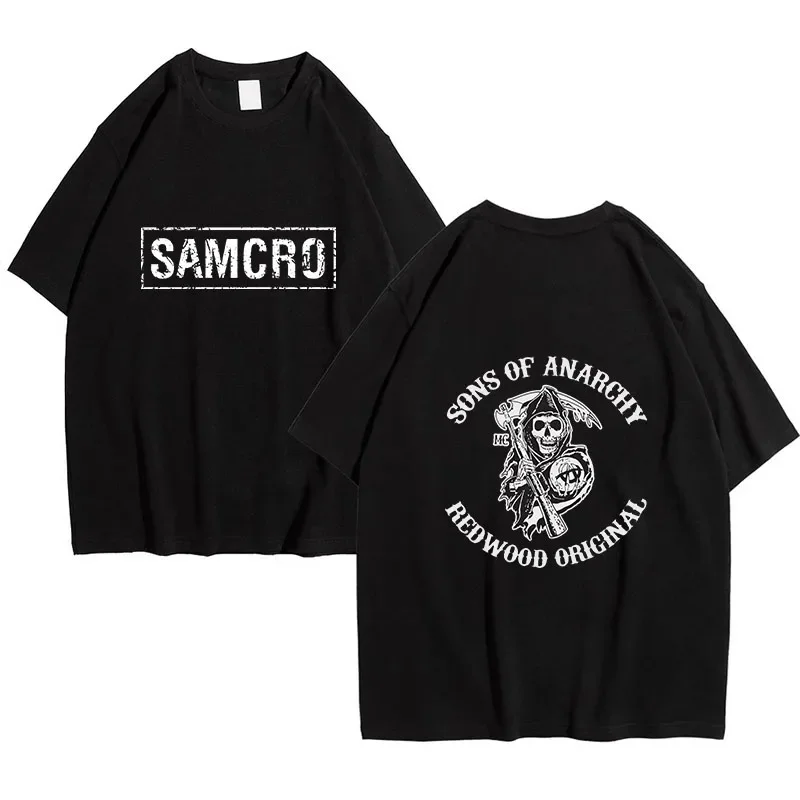 New Men's T-shirts Sons of Anarchy SAMCRO Double Sided Printed Cotton T-shirt Men's Fashion Loose Summer Women's Short Sleeved