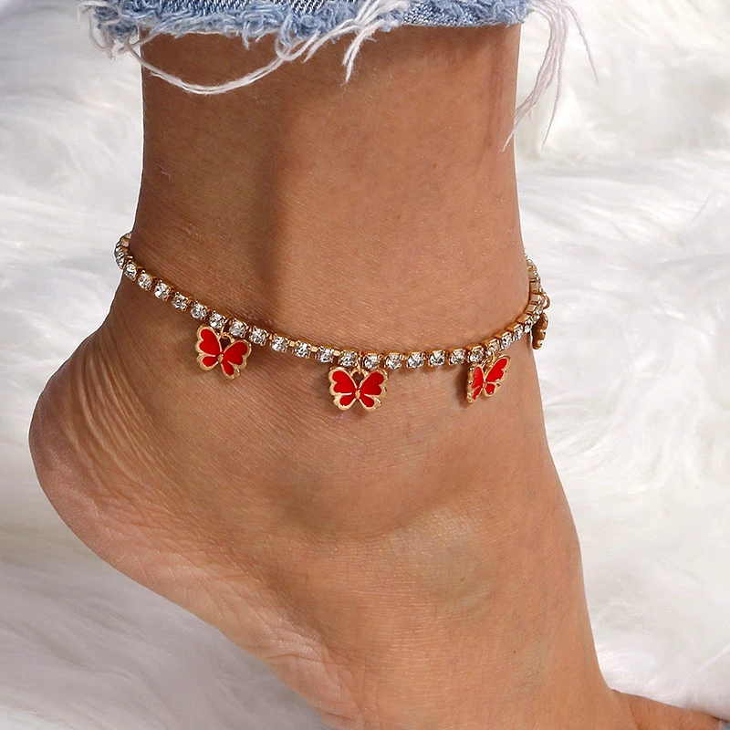 Aihua Kristall-Strass-Tenniskette Fußkettchen für Damen, niedliches Mini-Schmetterlings-Fußkettchen, Fußkettchen, Beinarmband, Strand-Schmuck – Detail 11