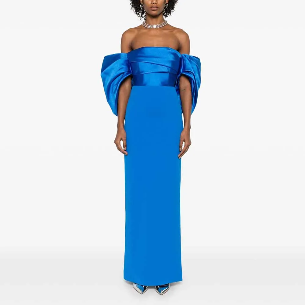 

Elegant Prom Dresses for Women Light Blue Off the Shoulder Column Evening Gowns Maxi Puffy Sleeves Ankle Length Evening Dress