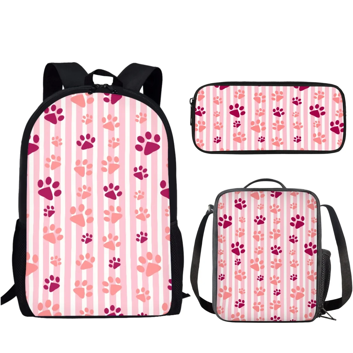 Funny Pink Dog Paws Print 3Pcs/Set School Bag for Student Boys Girls Teenager Casual Storage Backpack with Lunch Bag Pencil Bag