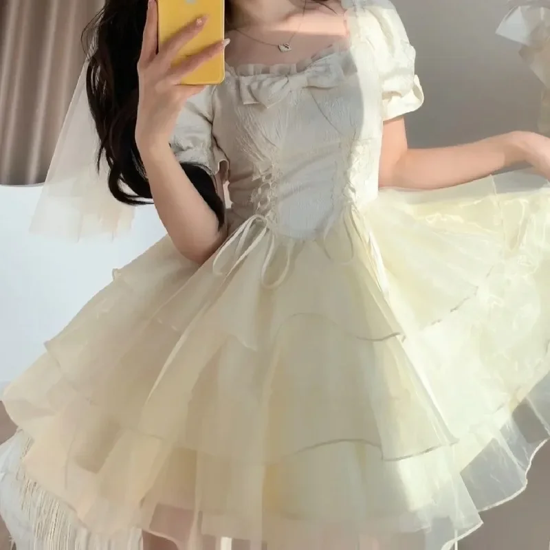 Bow Fairycore Mini Dresses Women Summer New Princess Ball Gown Short Sleeve Square Collar Korean Fahsion Students Sweet Girls