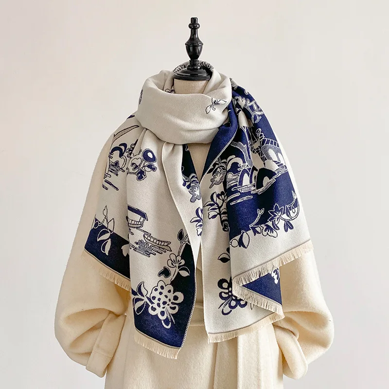 Women Chinese Style Garden Pavilion Jacquard Faux Cashmere Scarf Reversible Thick Warm Floral Tassel Shawl Wrap Winter Bufanda