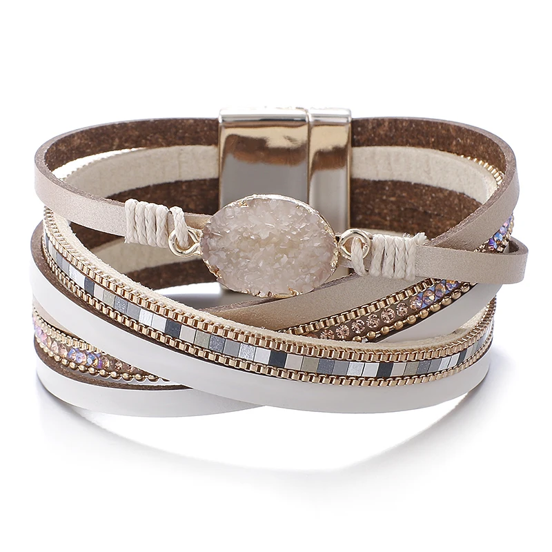 ALLYES-pulsera de cuero con abalorios de piedra para hombre y mujer, brazalete ancho, multicapa, cristal, estilo bohemio, joyería femenina