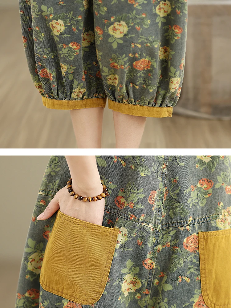 Mode Druck Floral Y2K Denim Overalls Frau Sommer Streetwear Fracht Breite Bein Baggy Hosen Patchwork Mom Jeans Overalls Frauen