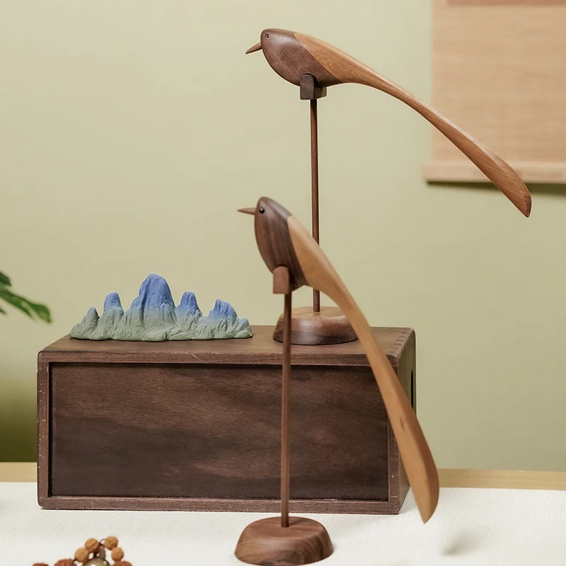 Black Walnut & Cherry Wood Bird Ornament Magnetic Shoe Horn Tea Room Decor Entryway Desktop Sculpture Handcrafted Wooden Display