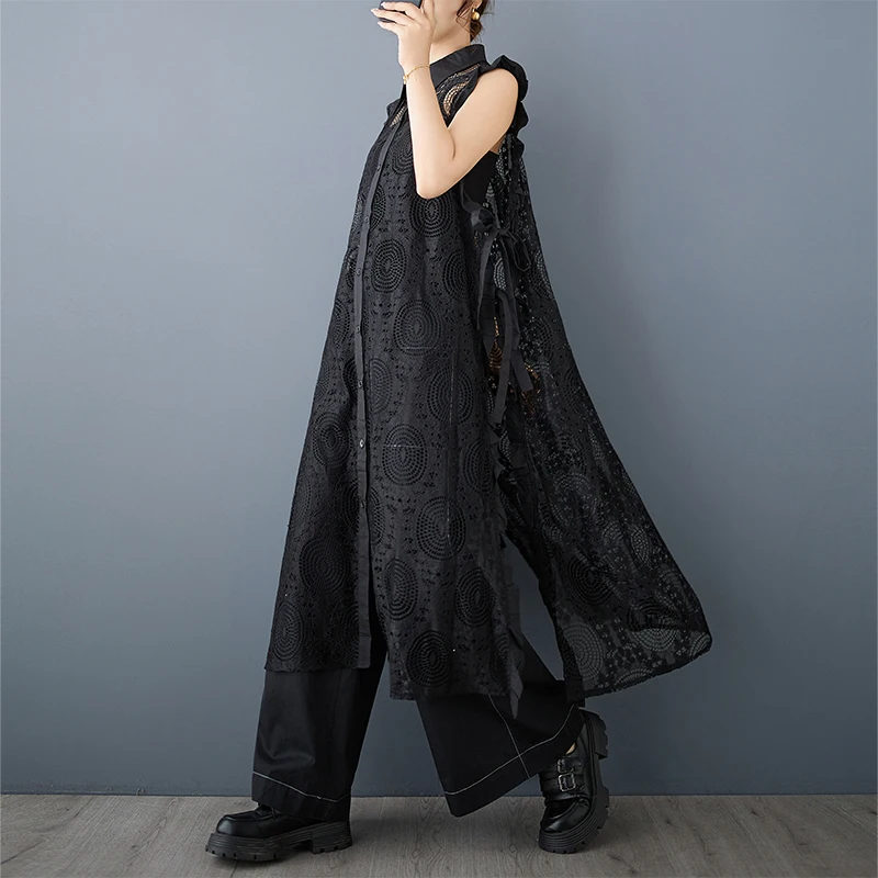 봄 여름 레이스 속이 비치는 벨트형 베스트 드레스 큰 사이즈 여성용 턴다운 칼라 롱 스플릿 커버업 스커트 베스트 드레스